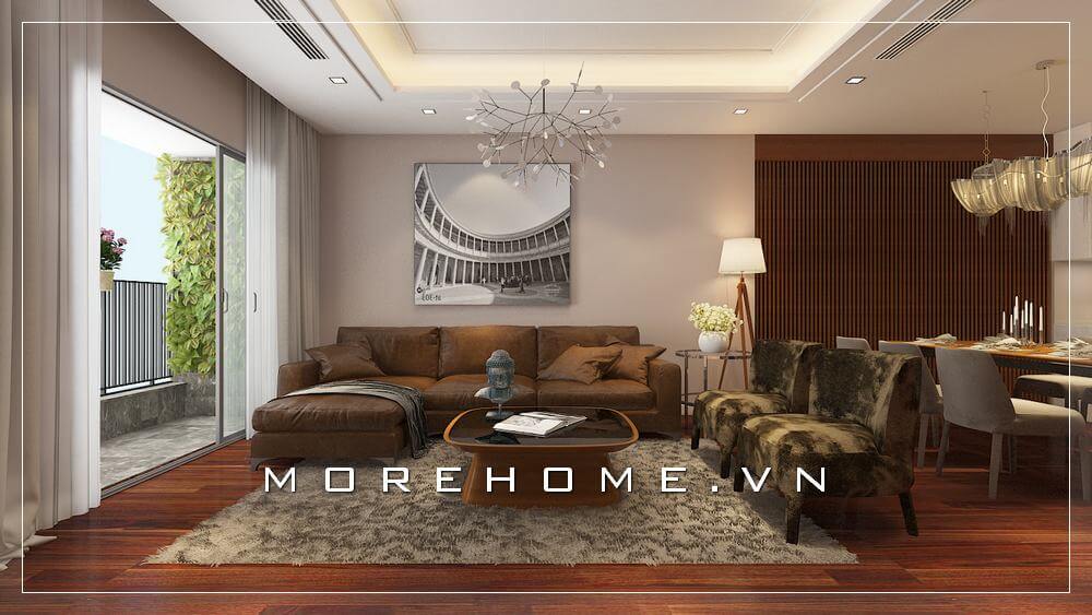 Bố trí nội thất phòng khách phong cách hiện đại, chủ yếu sử dụng tone màu nâu trầm tạo cảm giác ấm cúng và sang trọng cho không gian nhà chung cư